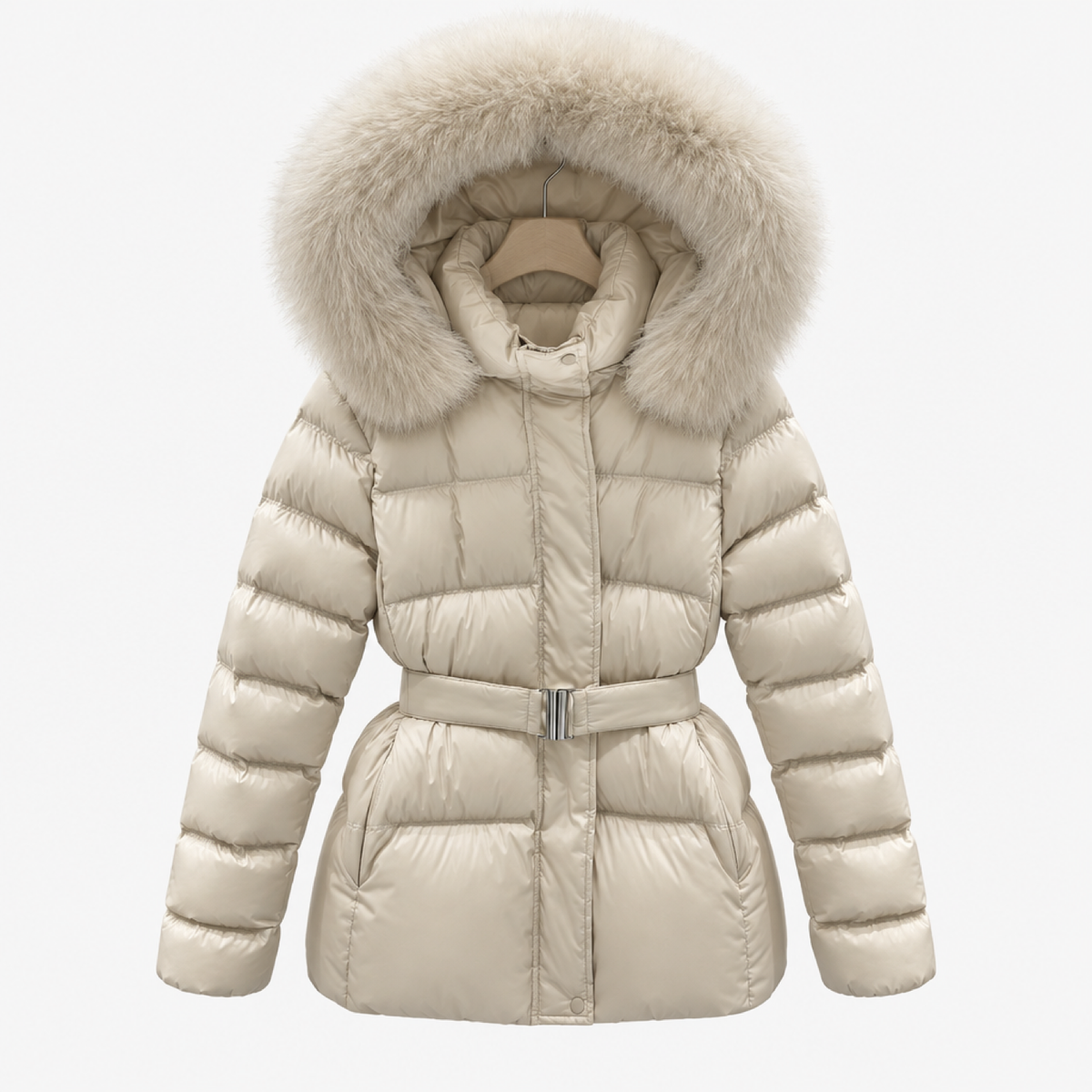 Manteau long femme kaki clair à ceinture et col fourrure, vue de face studio