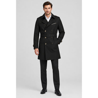 Trench-coat homme noir double boutonnage porté par un modèle, vue de face, studio professionnel