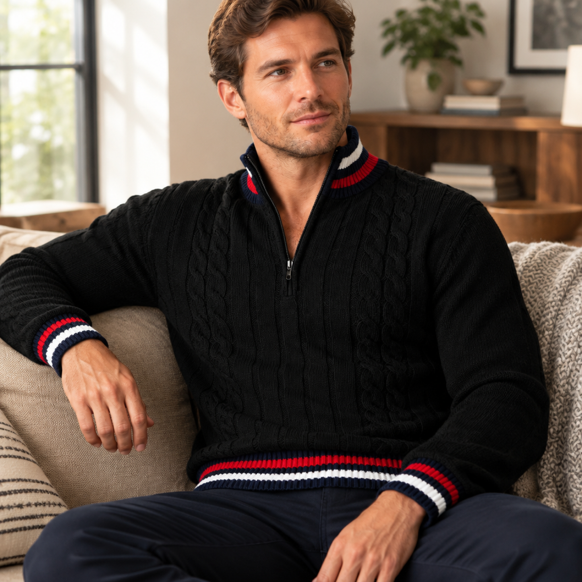 Pull homme marin noir à demi-zip, porté par un modèle