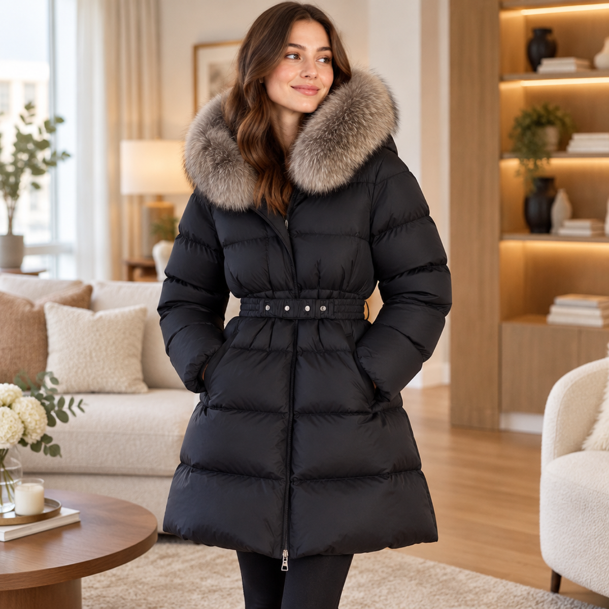 Manteau long femme noir porté par une mannequin, col fourrure et ceinture