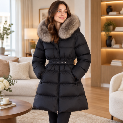 Manteau long femme noir porté par une mannequin, col fourrure et ceinture