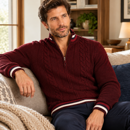 Pull homme marin rouge foncé à demi-zip, porté par un modèle