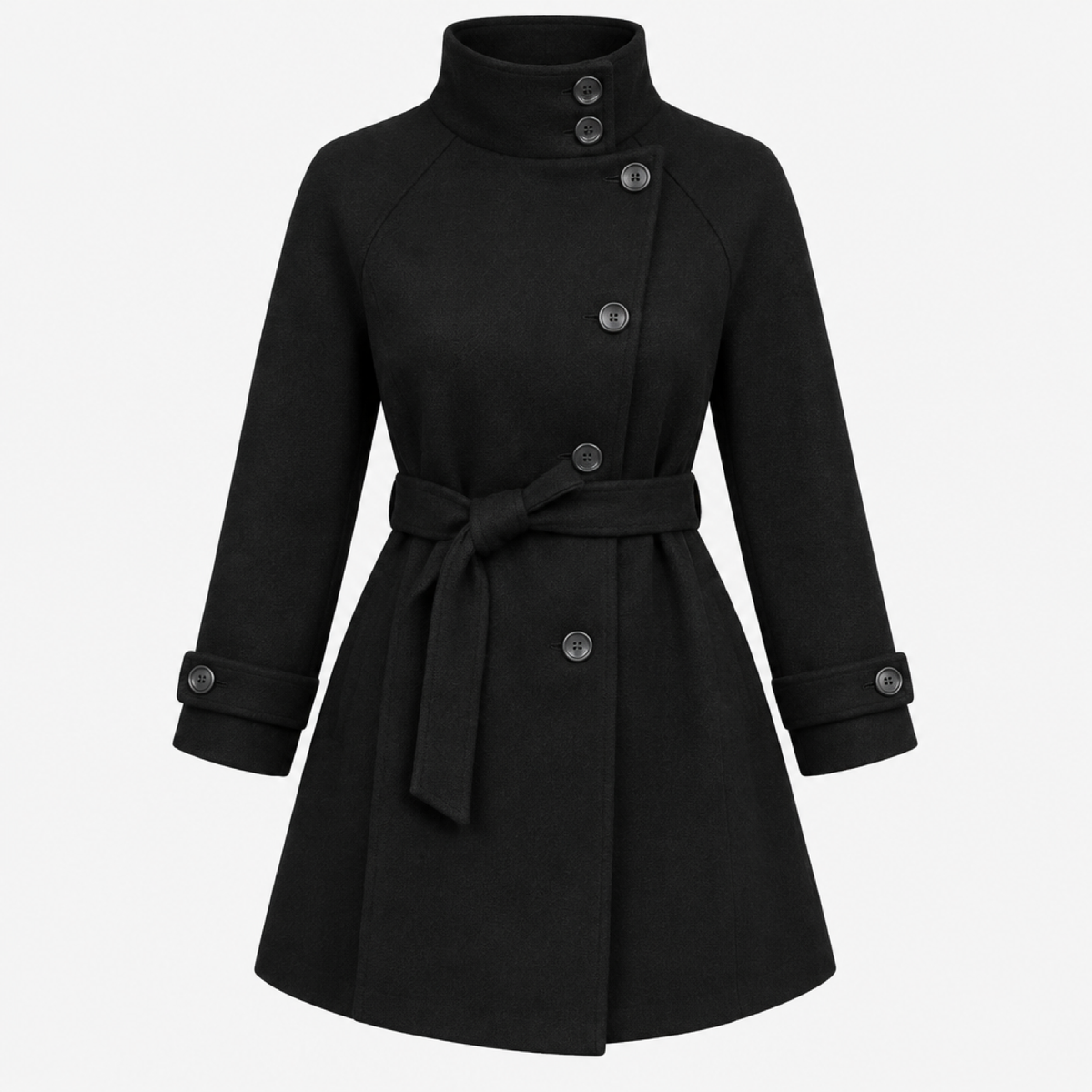 Manteau court cintré noir en studio, col montant et ceinture nouée