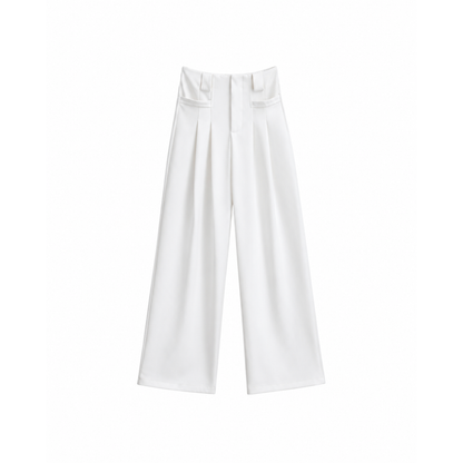 Pantalon tailleur femme jambe large blanc, vue à plat de face