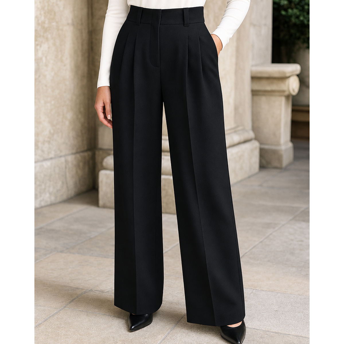 Pantalon tailleur femme jambe large noir, porté, vue de face