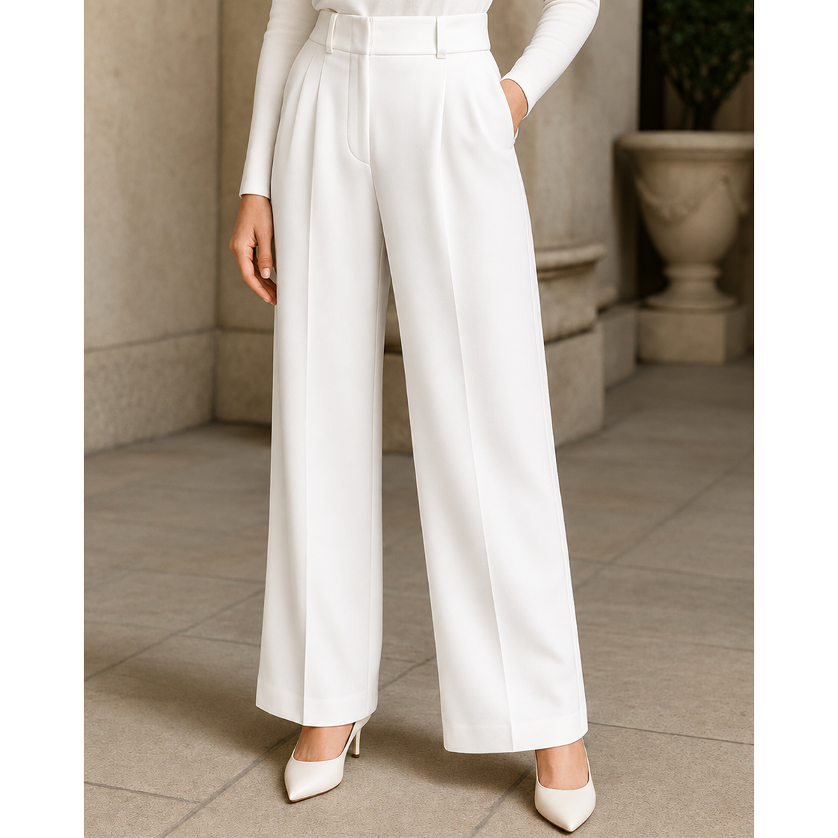 Pantalon tailleur femme jambe large blanc, porté, vue de face