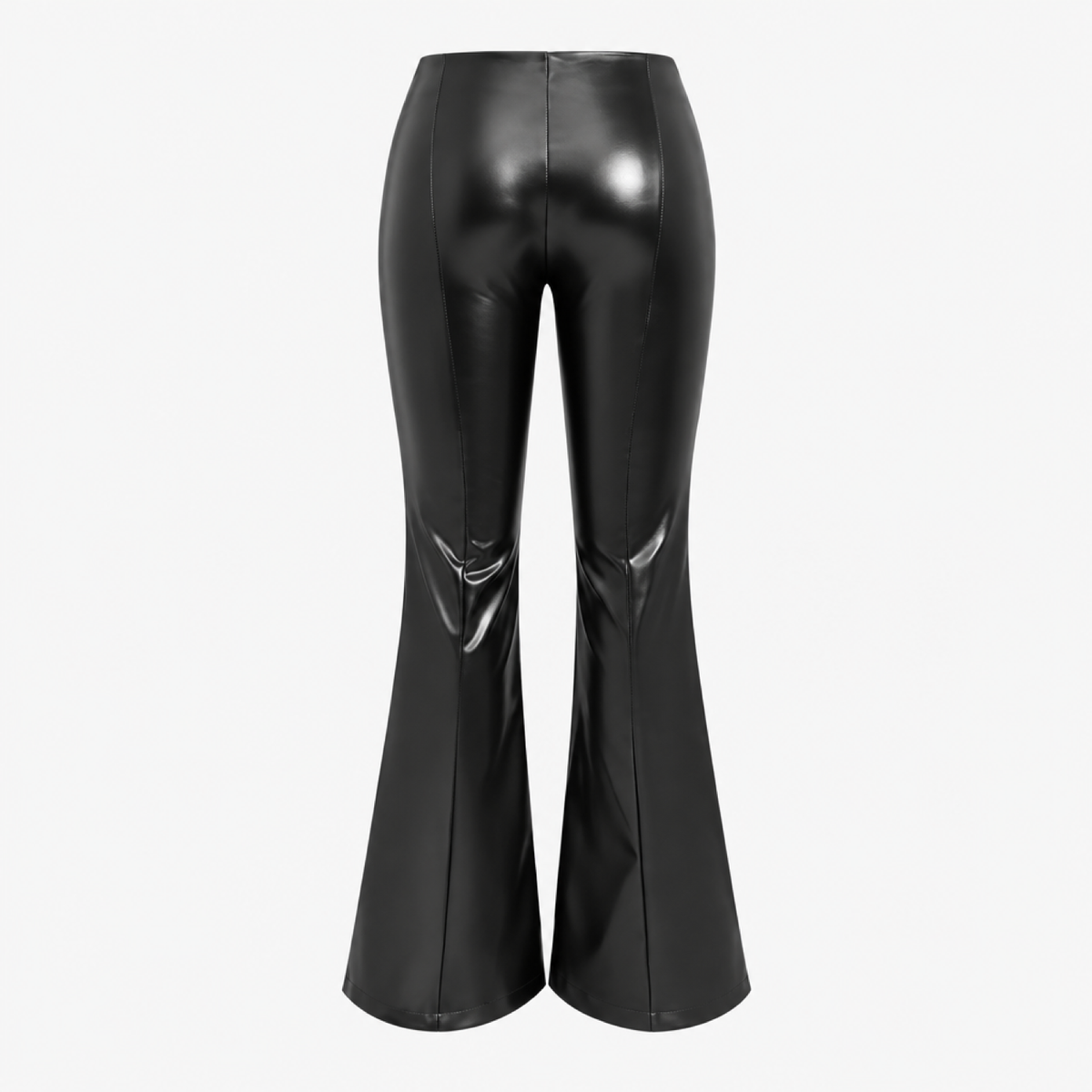 Pantalon flare femme taille haute effet enduit avec fente, détail de la fente et du tissu enduit