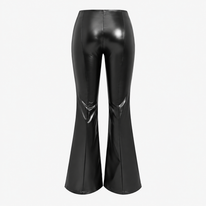 Pantalon flare femme taille haute effet enduit avec fente, détail de la fente et du tissu enduit