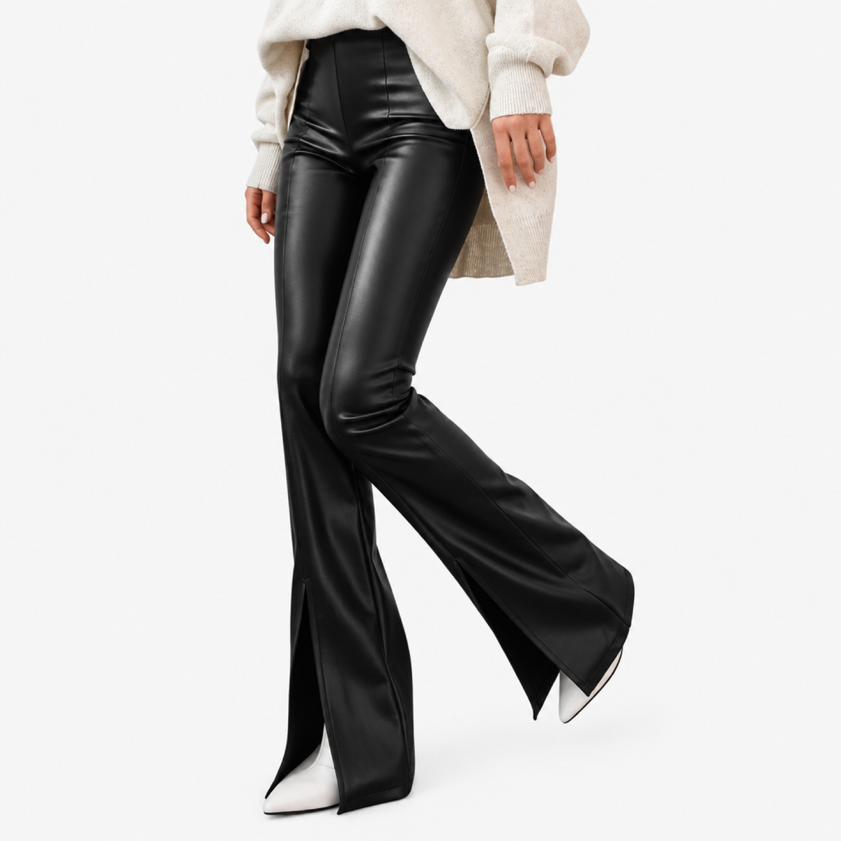 Pantalon flare femme taille haute effet enduit avec fente, vue de face