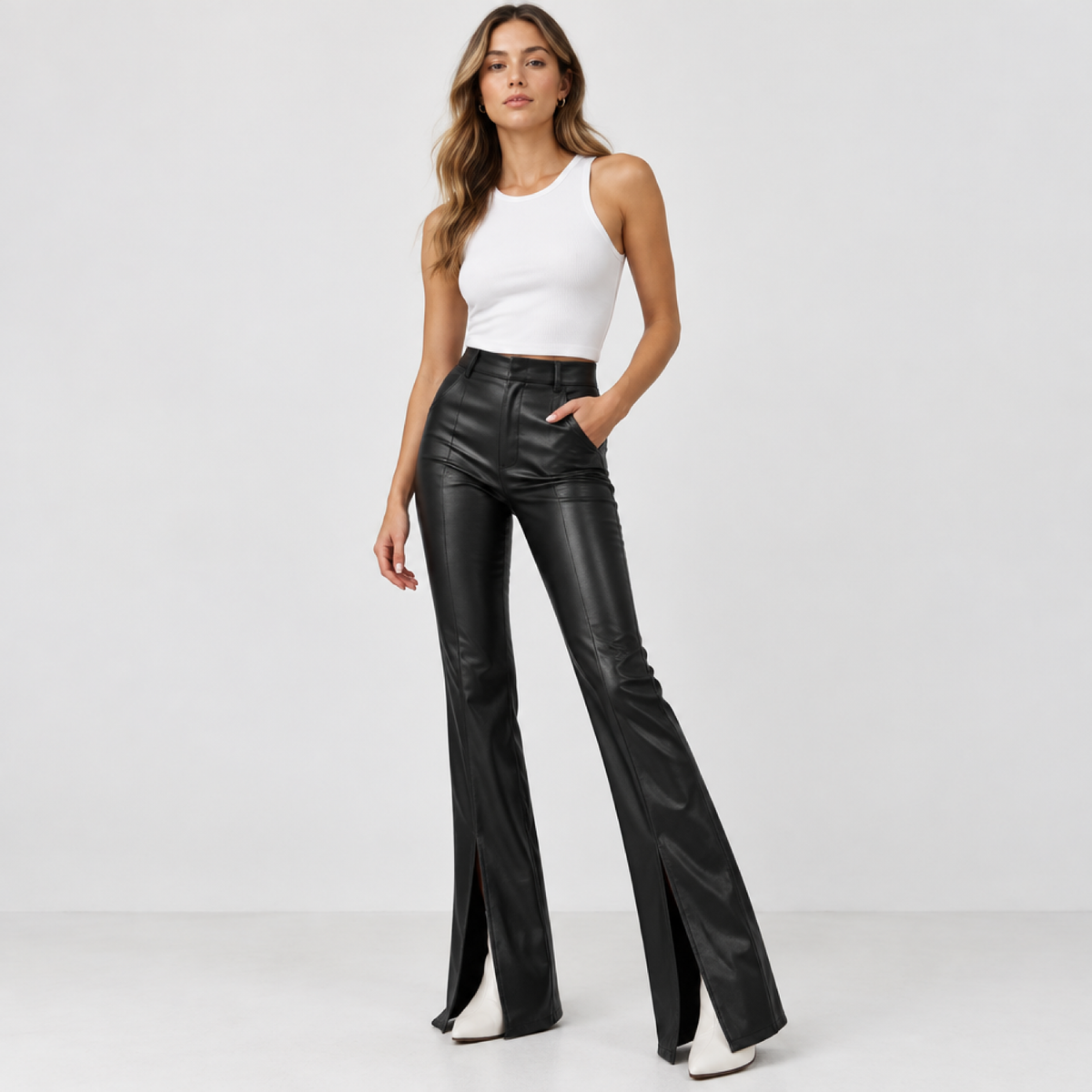 Pantalon flare femme taille haute effet enduit porté par un modèle