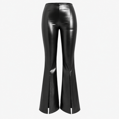 Pantalon flare femme taille haute effet enduit avec fente, vue de côté