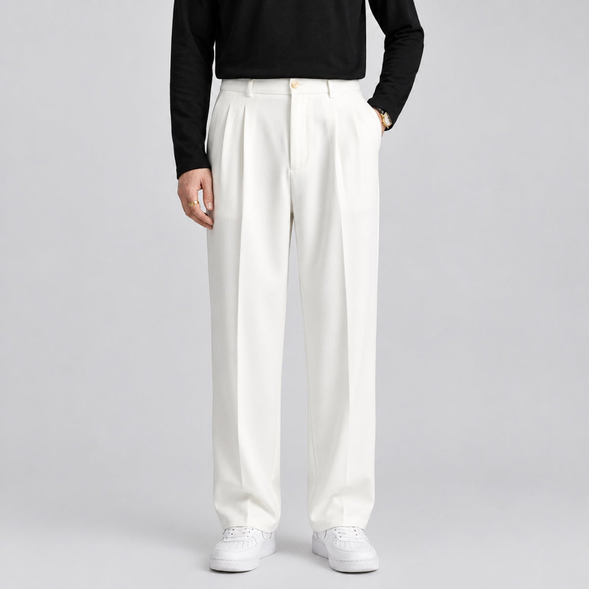 pantalon large homme blanc taille haute à plis, vue de face