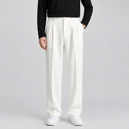 pantalon large homme blanc taille haute à plis, vue de face