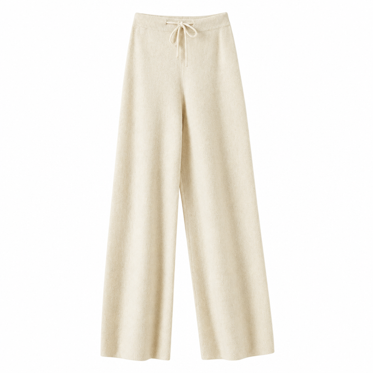 Pantalon large en laine beige à taille haute et cordon de serrage, vue à plat de face