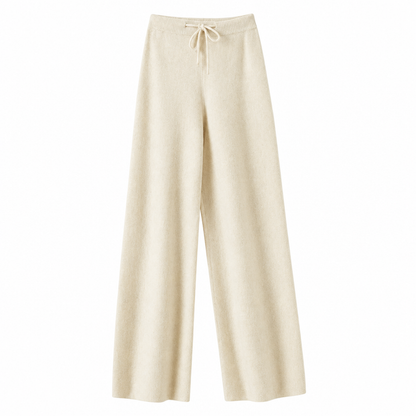 Pantalon large en laine beige à taille haute et cordon de serrage, vue à plat de face