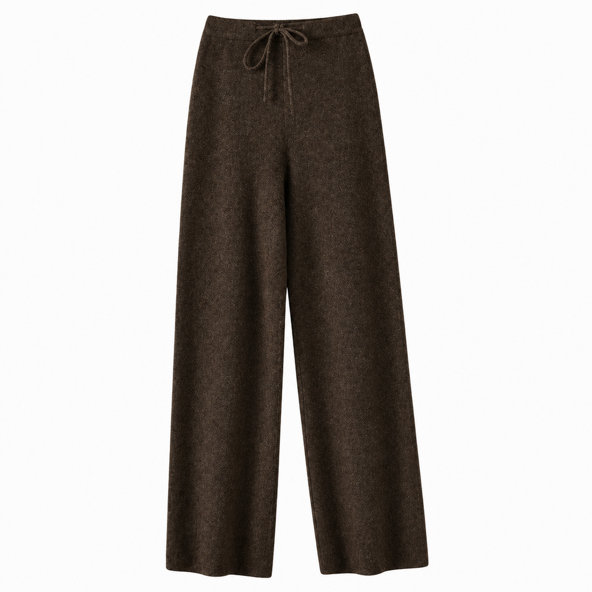 Pantalon large en laine café à taille haute et cordon de serrage, vue à plat de face