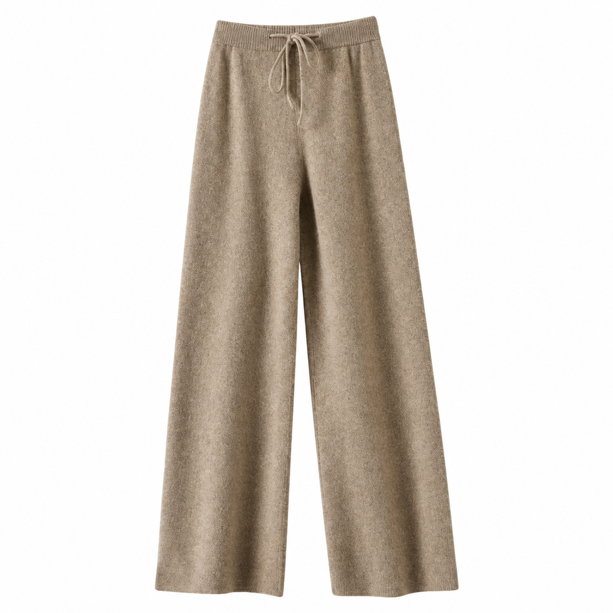 Pantalon large en laine kaki à taille haute et cordon de serrage, vue à plat de face