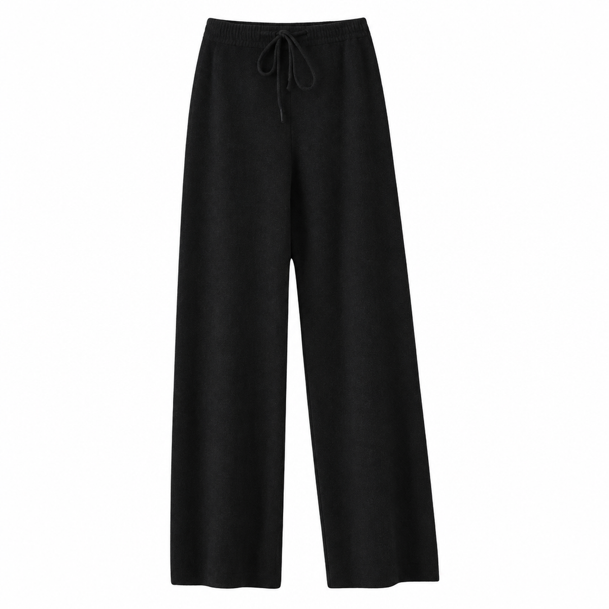 Pantalon large en laine noir à taille haute et cordon de serrage, vue à plat de face