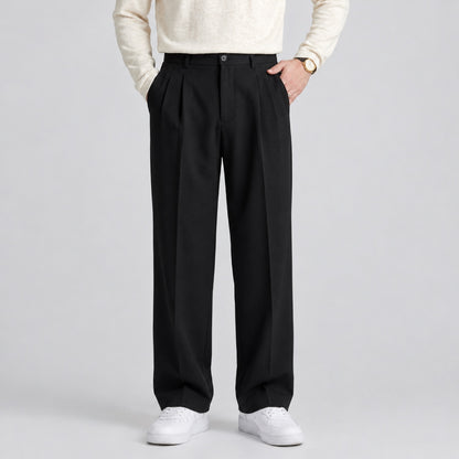 pantalon large homme noir taille haute à plis, vue de face