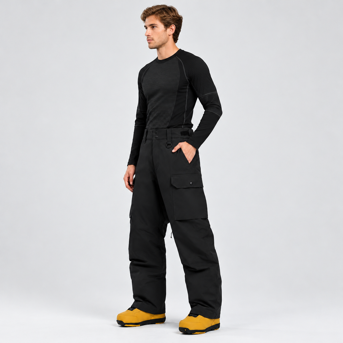 Pantalon de ski cargo homme multipoches — Noir, vue de profil