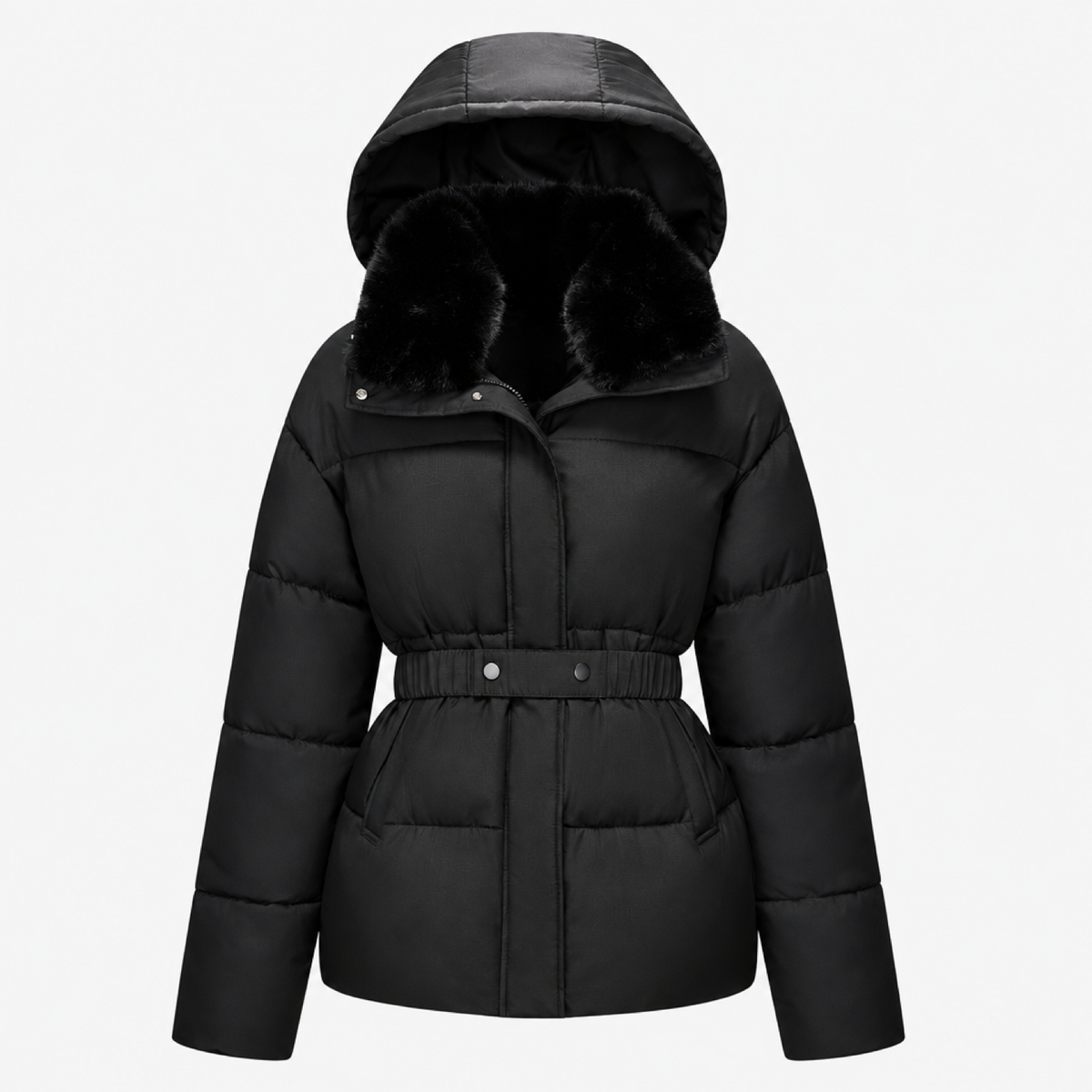 Parka femme courte noire, col en fausse fourrure, capuche et ceinture, vue de face studio