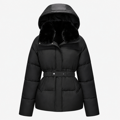 Parka femme courte noire, col en fausse fourrure, capuche et ceinture, vue de face studio