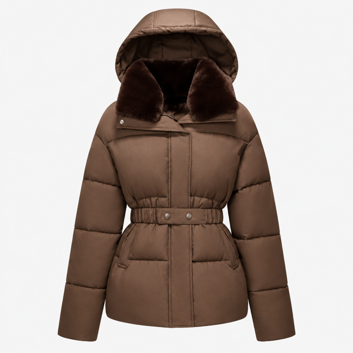 Parka femme courte marron, col en fausse fourrure, capuche et ceinture, vue de face studio
