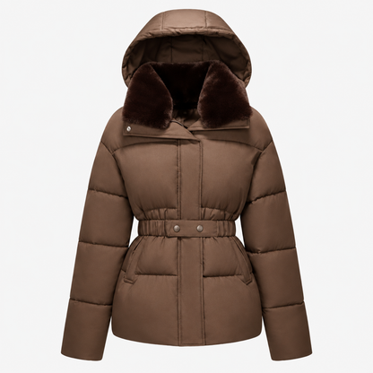 Parka femme courte marron, col en fausse fourrure, capuche et ceinture, vue de face studio