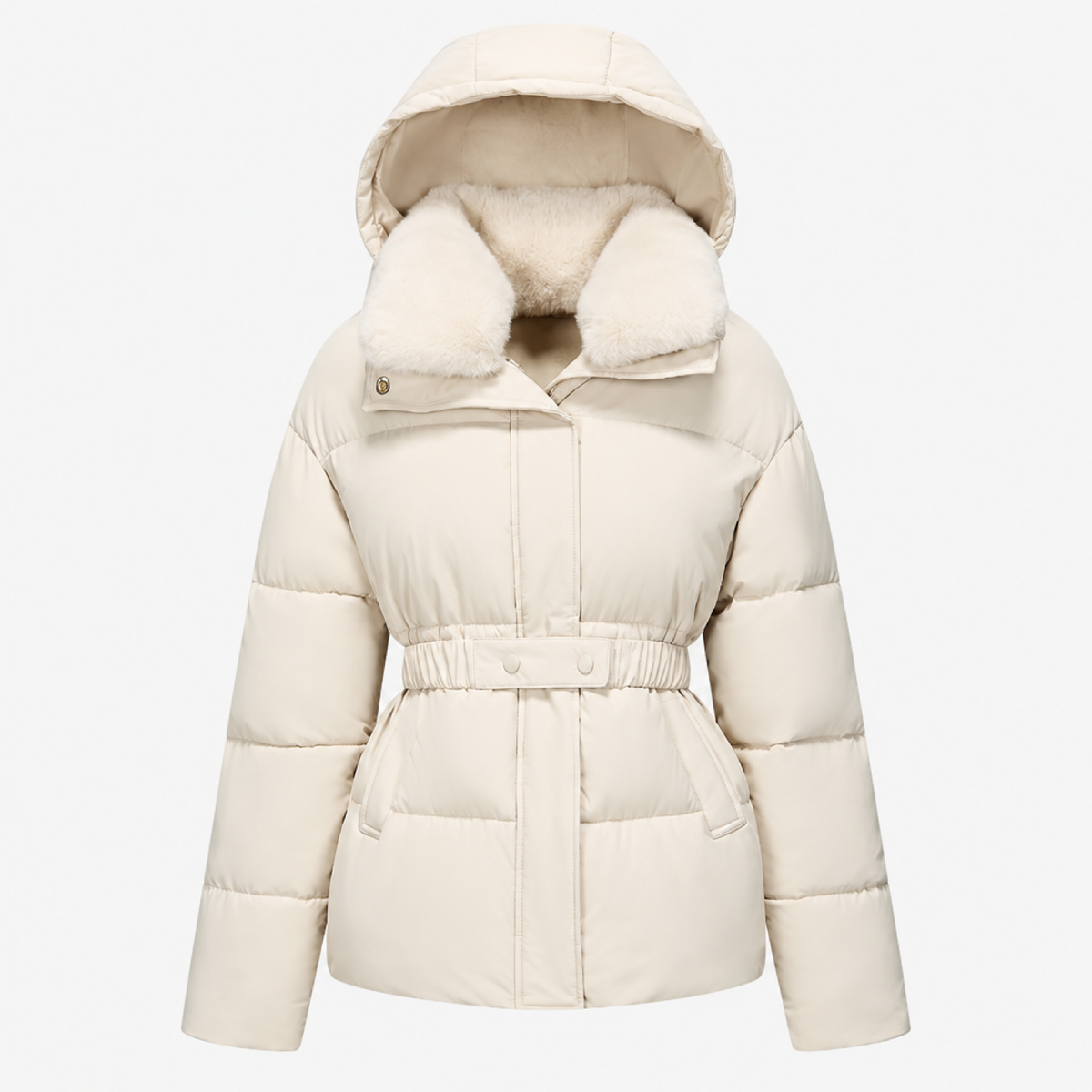 Parka femme courte écru, col en fausse fourrure, capuche et ceinture, vue de face studio