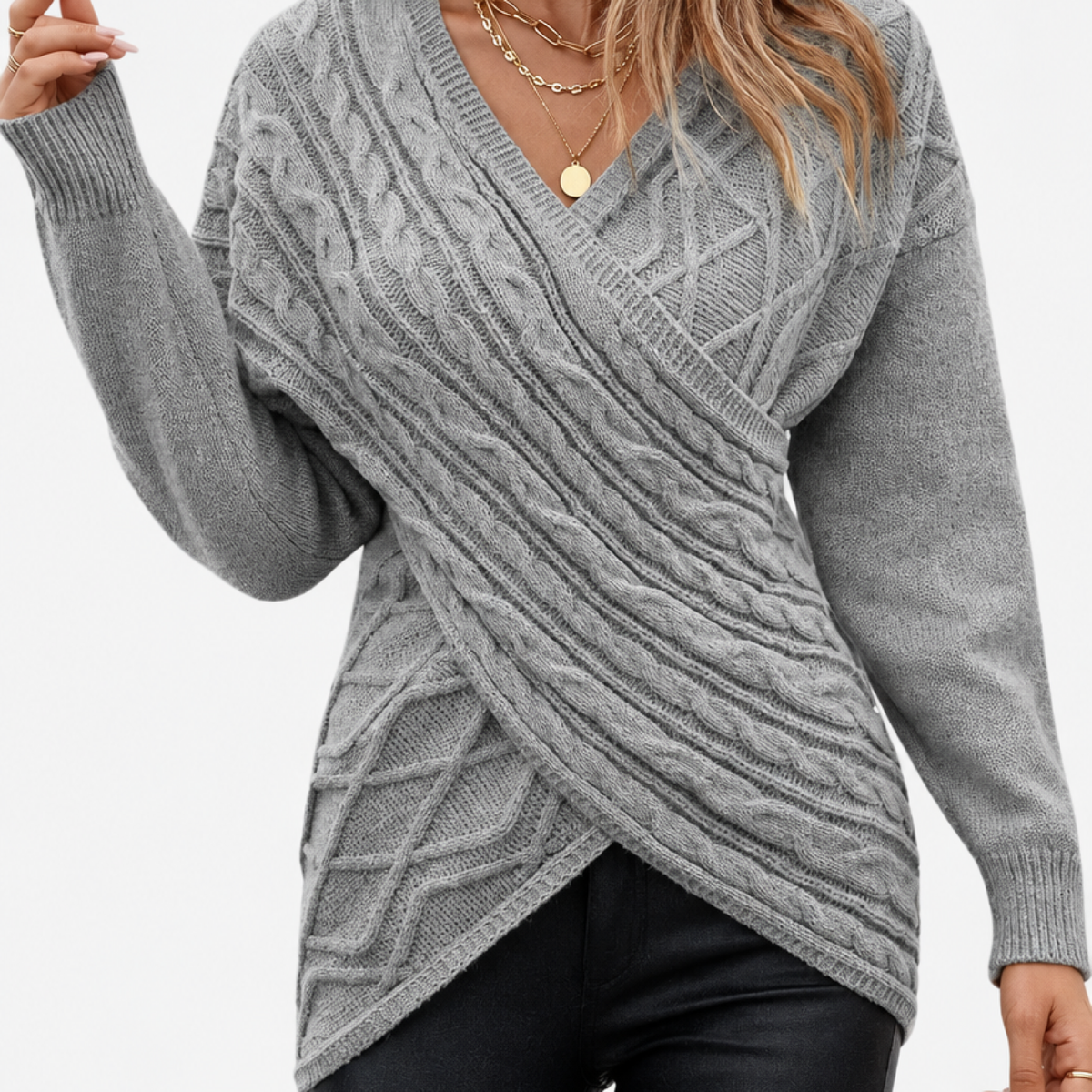 Pull col V maille jacquard croisée femme coloris gris chiné, vue studio