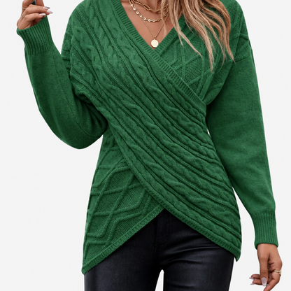 Pull col V maille jacquard croisée femme coloris vert, vue studio