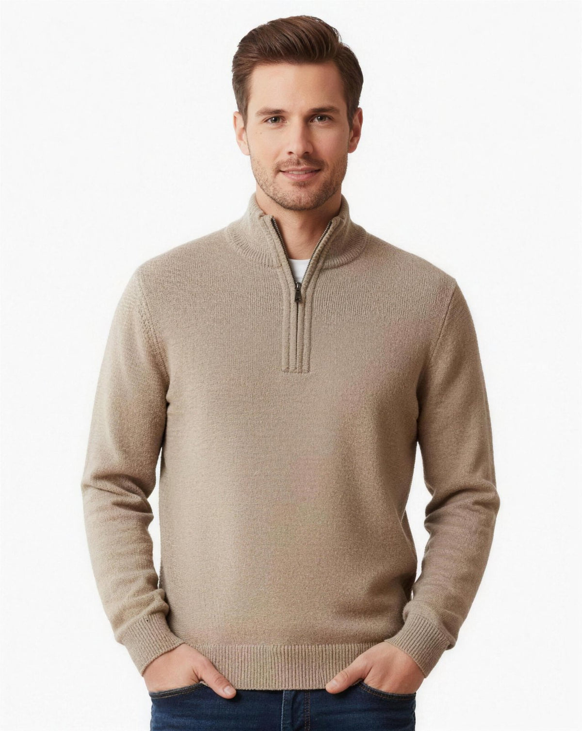Pull Homme Demi-Zip Maille Premium - Beige