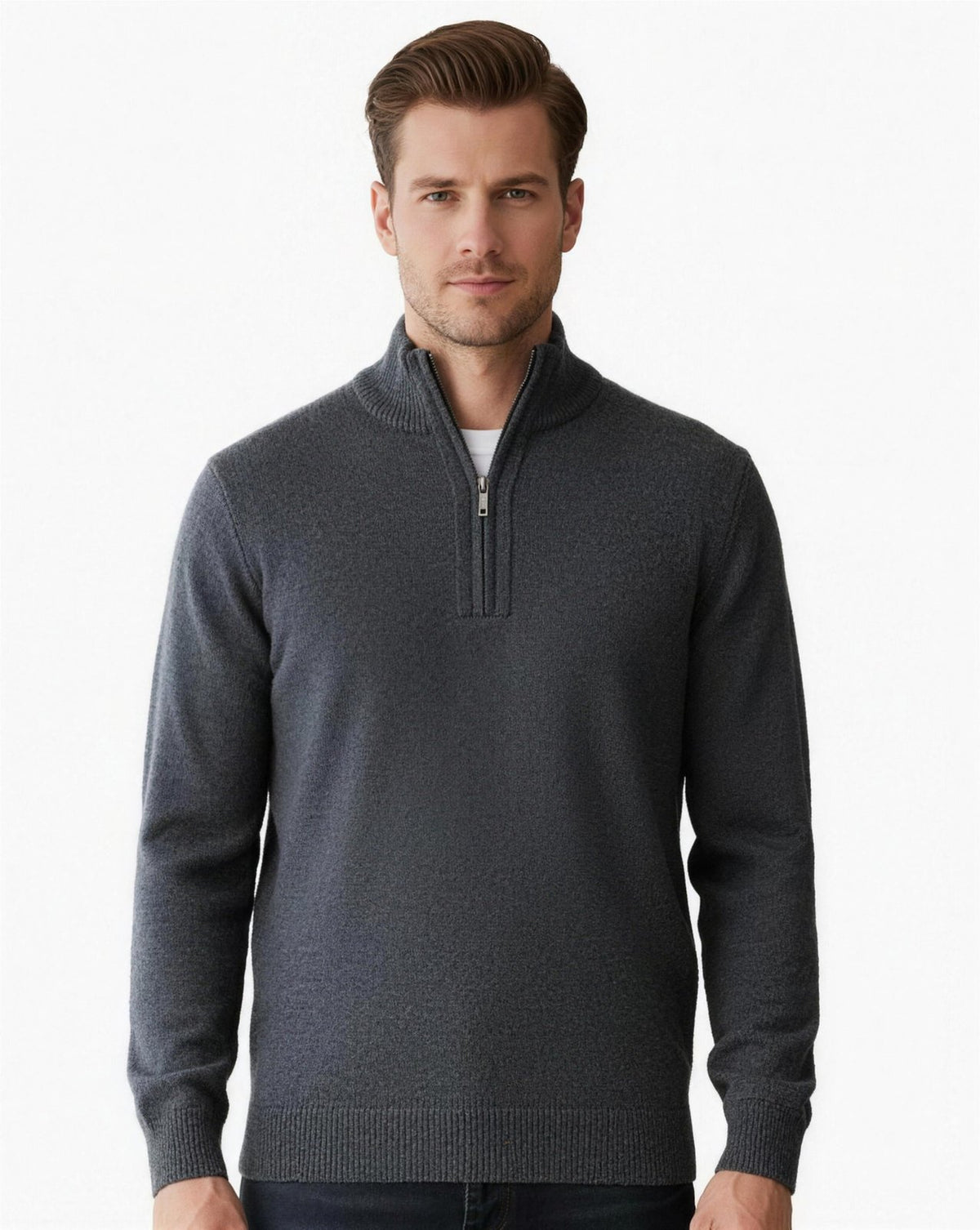 Pull Homme Demi-Zip Maille Premium - Gris