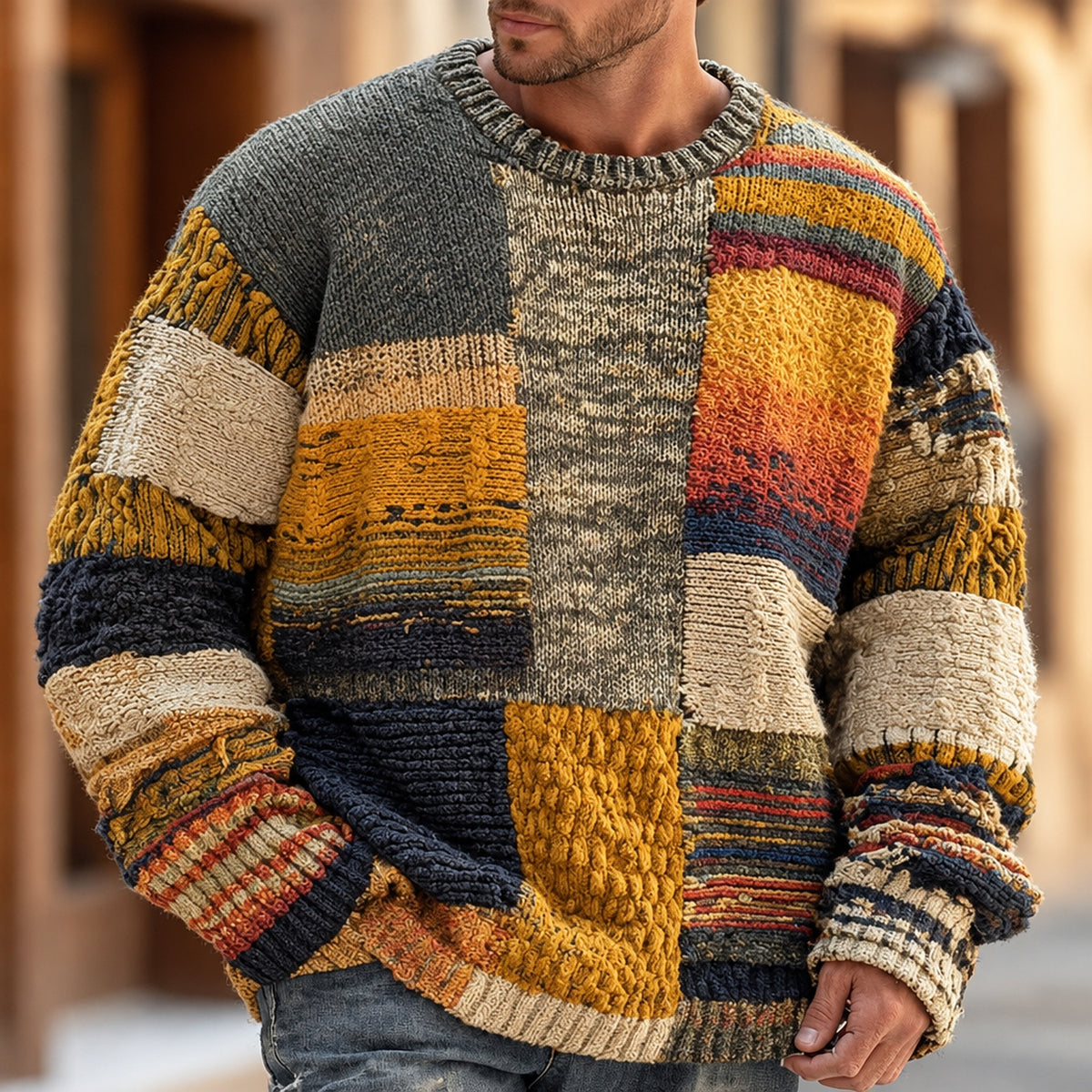 Pull homme en maille patchwork colorée porté, gros plan sur le col rond et la texture tricotée