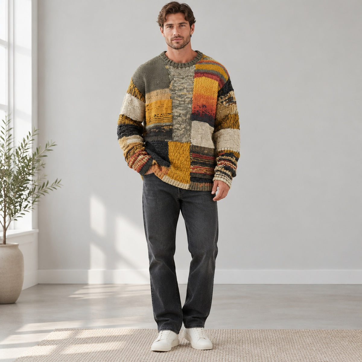 Homme portant le pull en maille patchwork oversize avec un jean, vue de face en pied