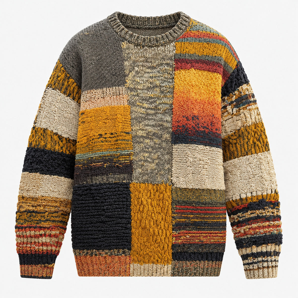 Pull homme en maille patchwork colorée à manches longues, photo produit sur fond blanc