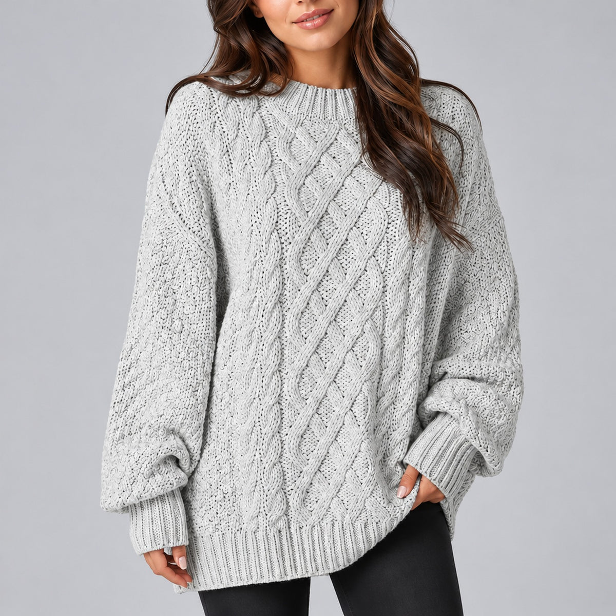 Pull oversize femme gris clair à torsades, maille chinée