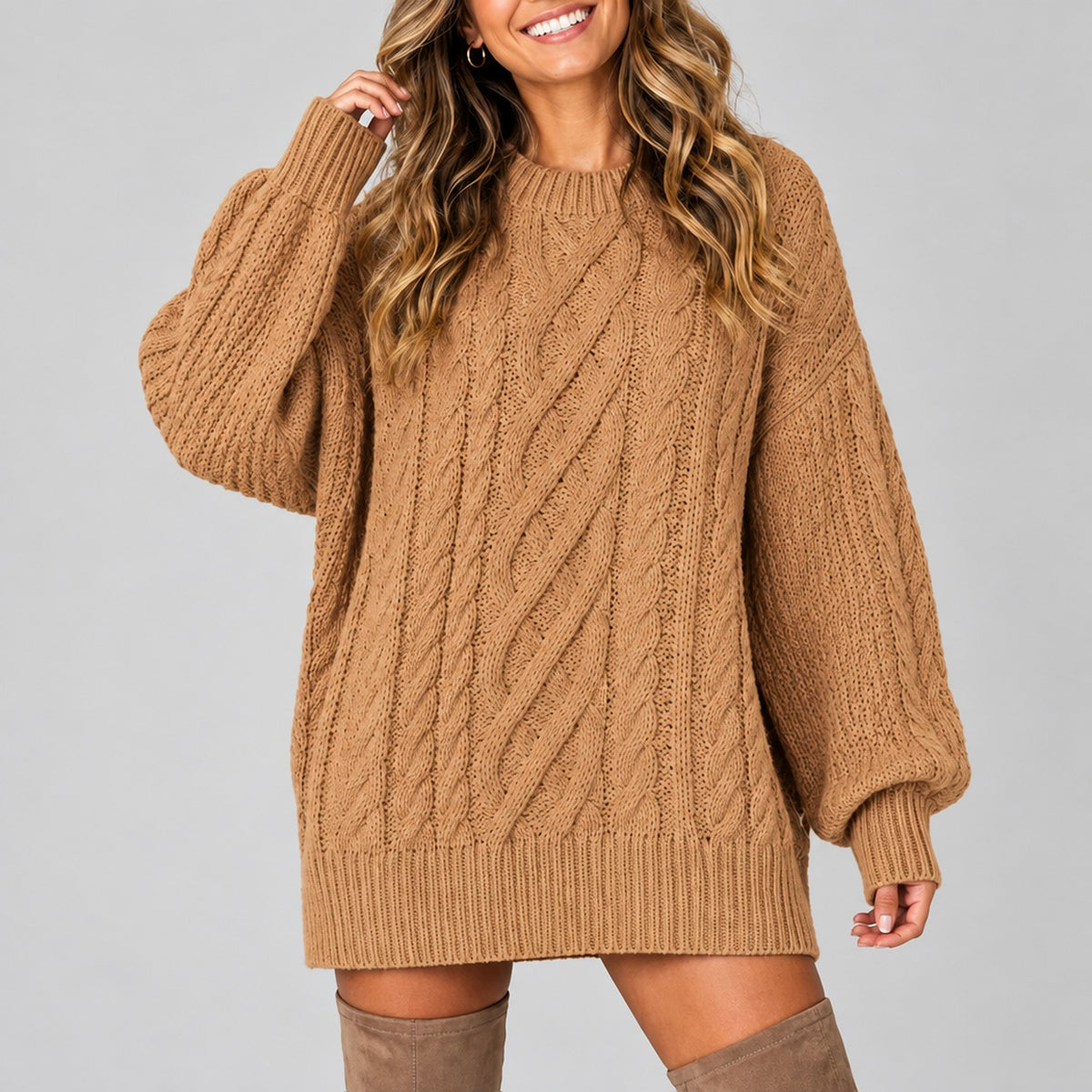 Pull oversize femme camel à torsades en grosse maille, manches bouffantes