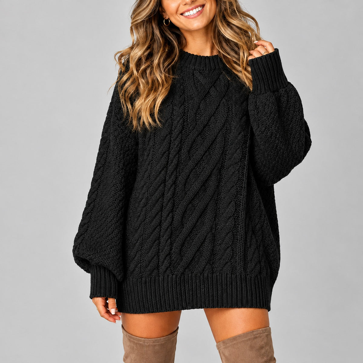 Pull oversize femme noir à torsades, maille épaisse texturée