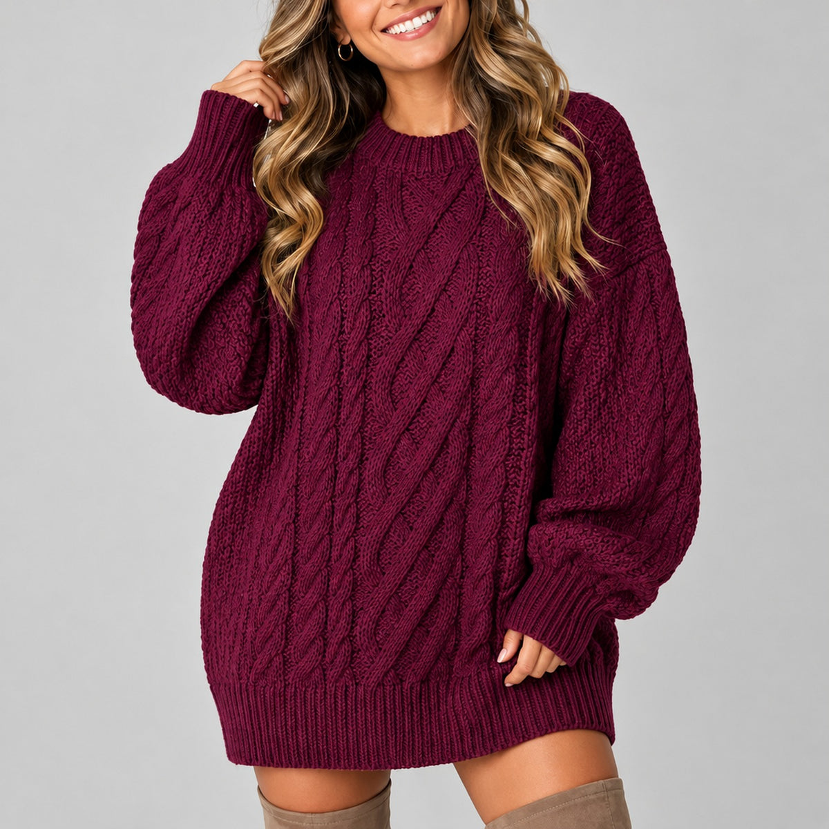 Pull oversize femme bordeaux à torsades, manches longues bouffantes