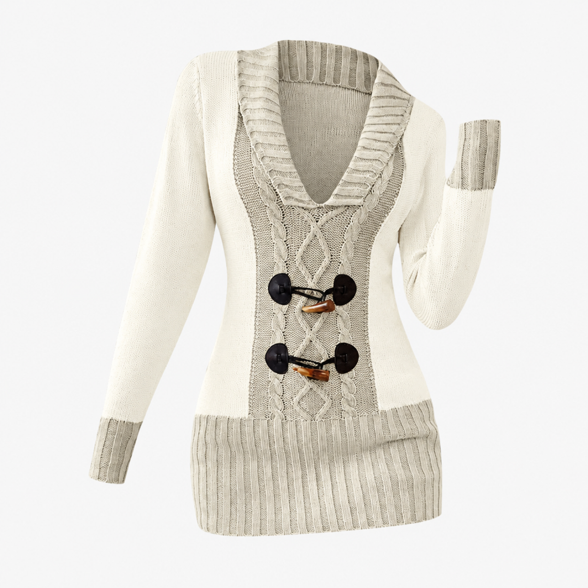 Pull col boutonné patchwork bicolore beige, vue de face