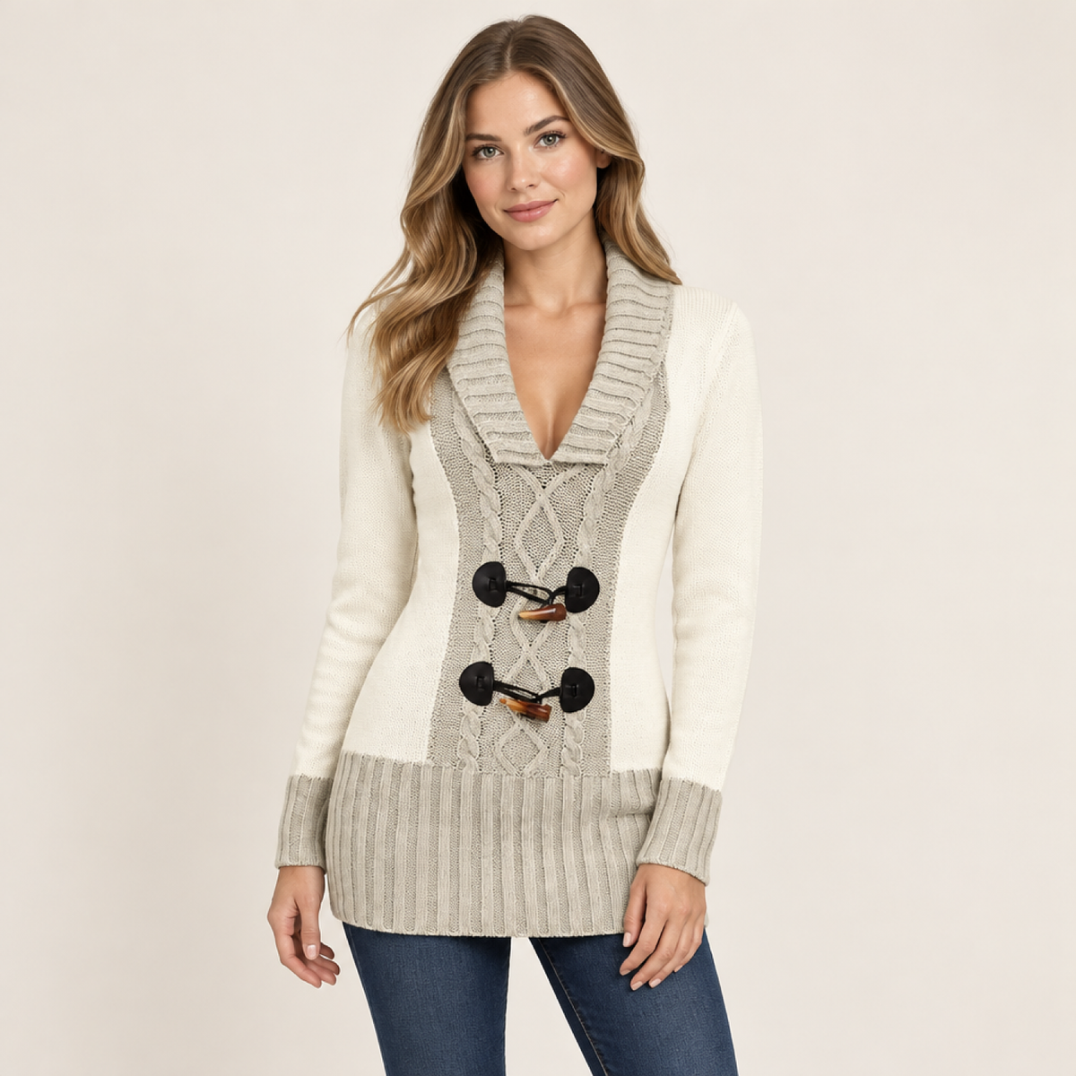 Modèle portant le pull col boutonné patchwork bicolore beige, photo studio