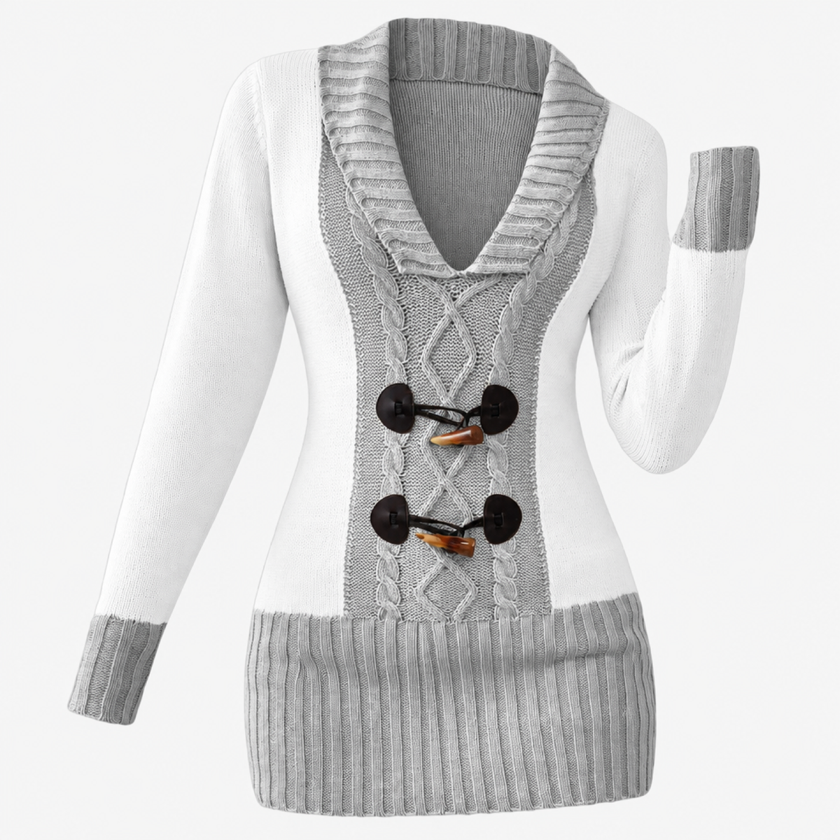 Pull col boutonné patchwork bicolore gris clair, vue de face