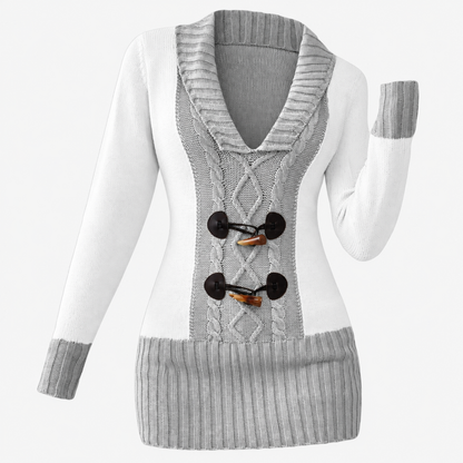Pull col boutonné patchwork bicolore gris clair, vue de face