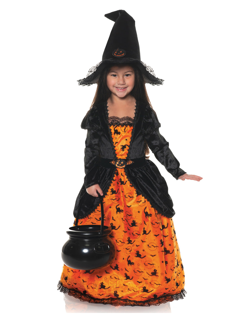 Costume enfant sorcière citrouille orange et noir avec chapeau pointu