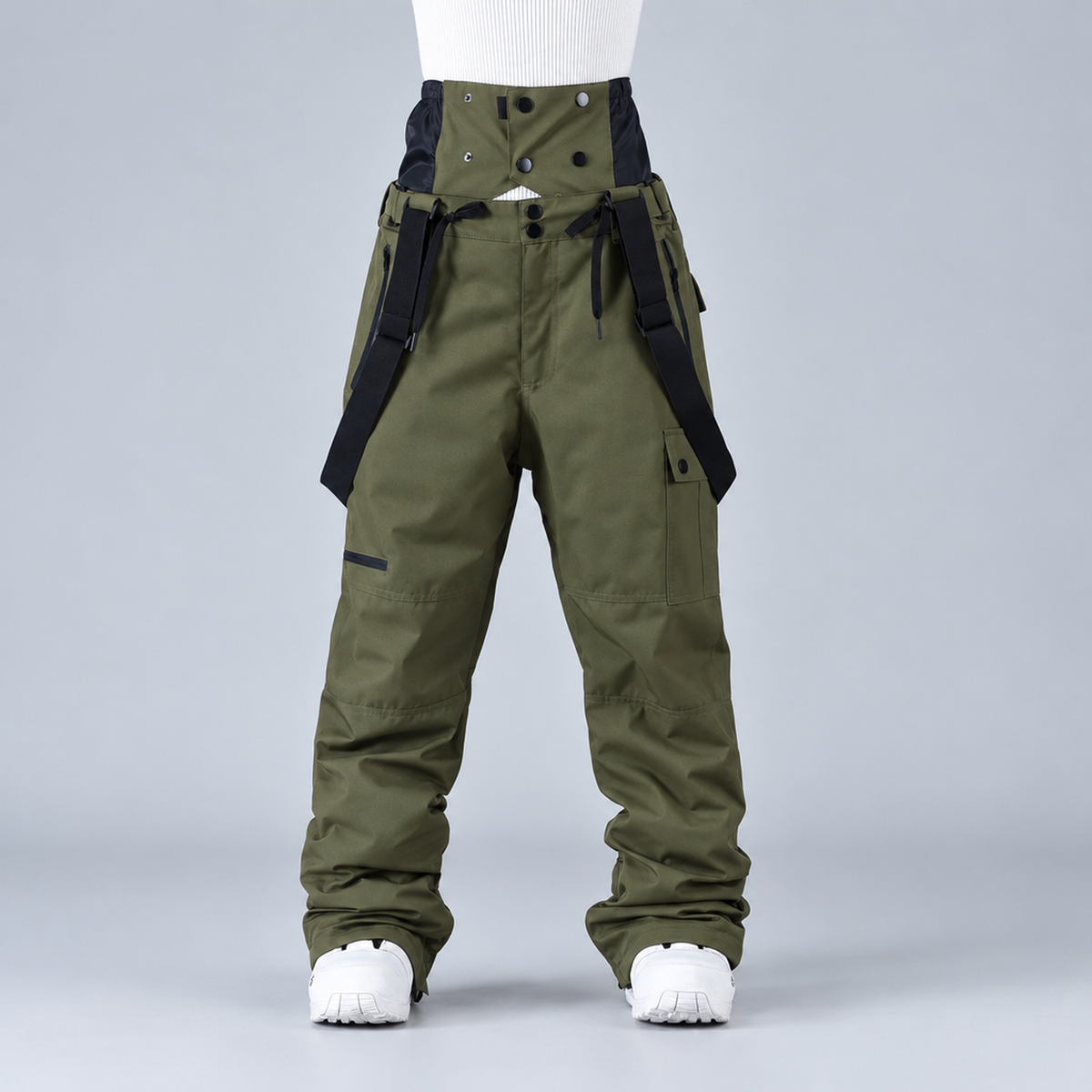 Pantalon de snowboard unisexe vert armée, vue de profil montrant les bretelles et les poches cargo