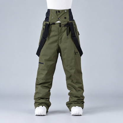 Pantalon de snowboard unisexe vert armée, vue de profil montrant les bretelles et les poches cargo