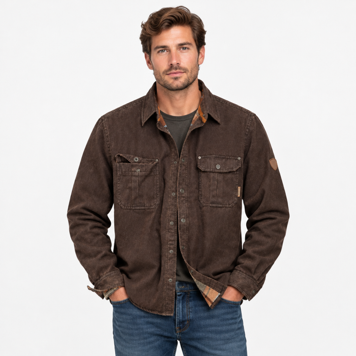 Veste trucker homme en tissu ciré brun foncé, portée par un modèle, photo studio