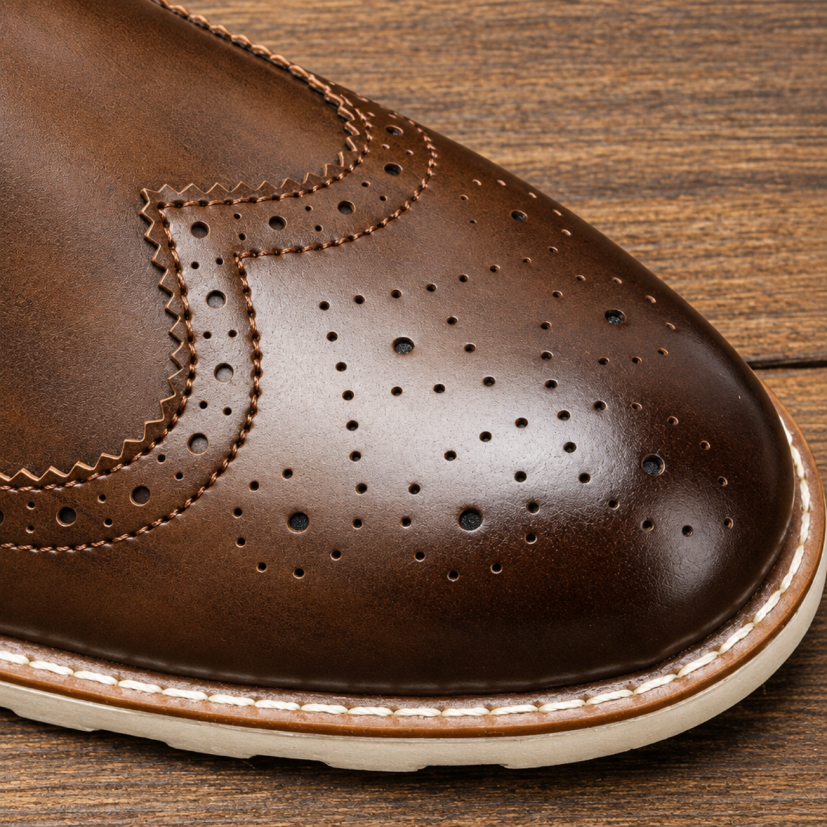 Gros plan sur le bout golf perforé en cuir marron, détail des perforations brogue