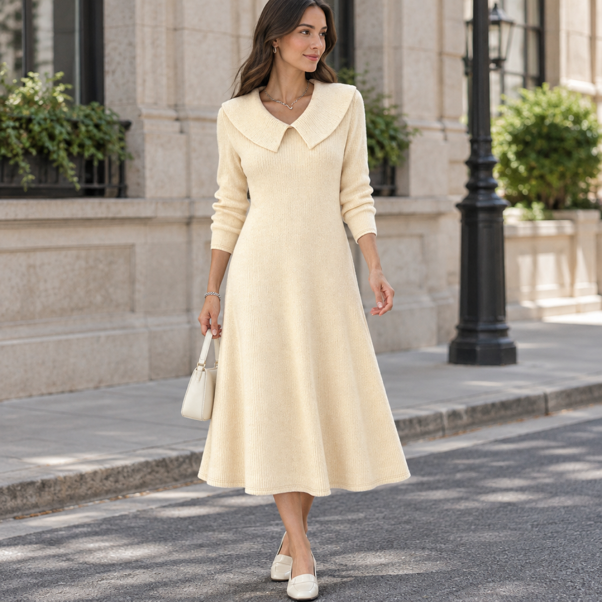Modèle portant la robe midi en maille côtelée blanche à col oversize, vue extérieure